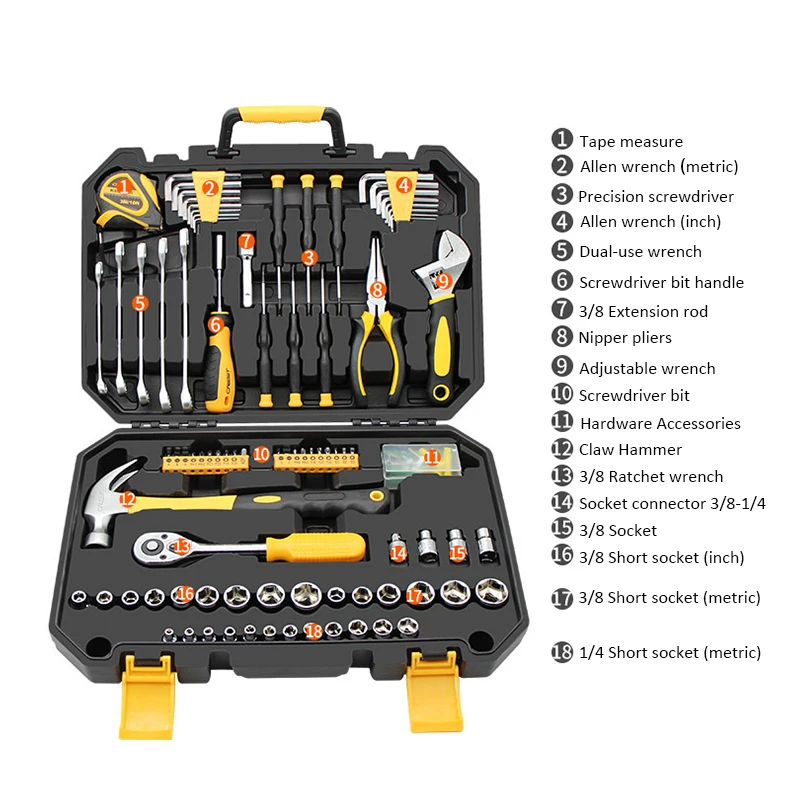 
127 pcs 3/8 1/4 lnch cr-v ratchet wrench deep socket set in mechanics handing tool set box for car repair 