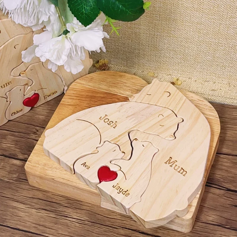 Wooden Bear Family Puzzle Engraved Family Name Puzzle Animal Family Keepsake Gift for Parents Home Decor Gift for Kids