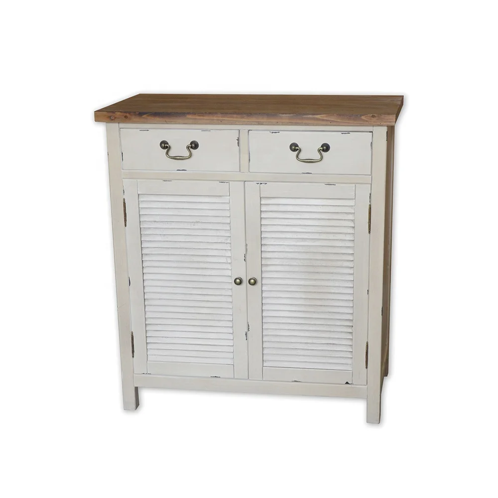 
antique white farmhouse wood sideboard with 2 drawers 2 louvered doors 