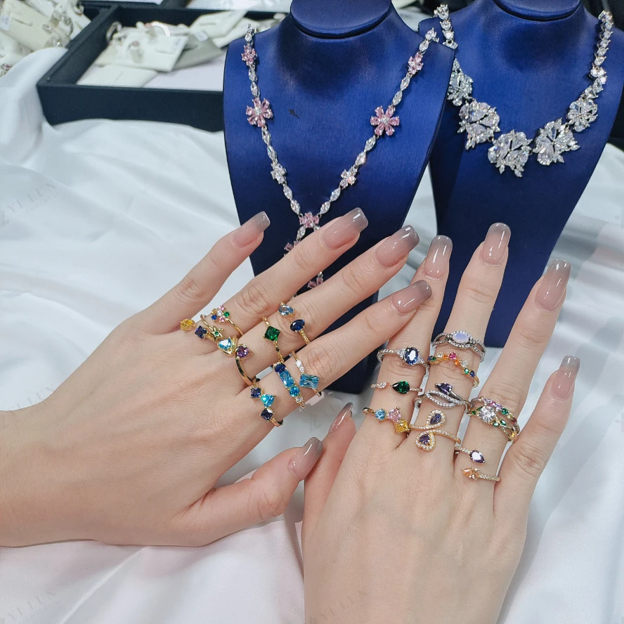 YILUN Rainbow Gemstone Stackable Rings Set 925 Silver Colorful CZ Fashion Layered Look Adjustable Bands Rings Jewelry for Women