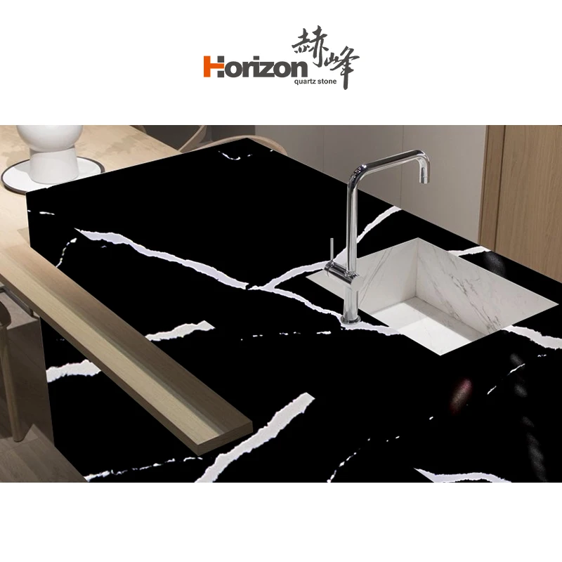 Недорогая китайская мраморная плита из искусственного камня Horizon полированный камень столешница Черного Кварца