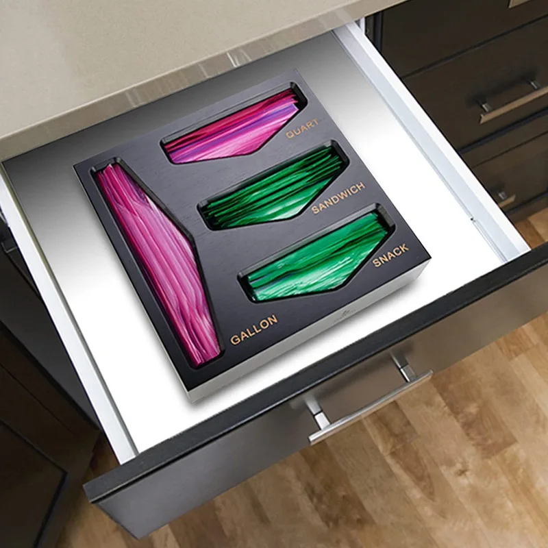 Cheap High Quality Kitchen Wooden Drawer Black Organizers With Plastic Foil Wrap Dispenser Holder Bamboo Ziplock Bag Storage Box