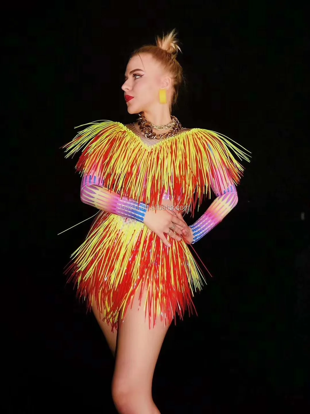 
Colorful Fringes Rhinestone Bodysuit Women Stage Dance Costume Nightclub Dance Female Singer Show Bright Leotard Dj Dance 