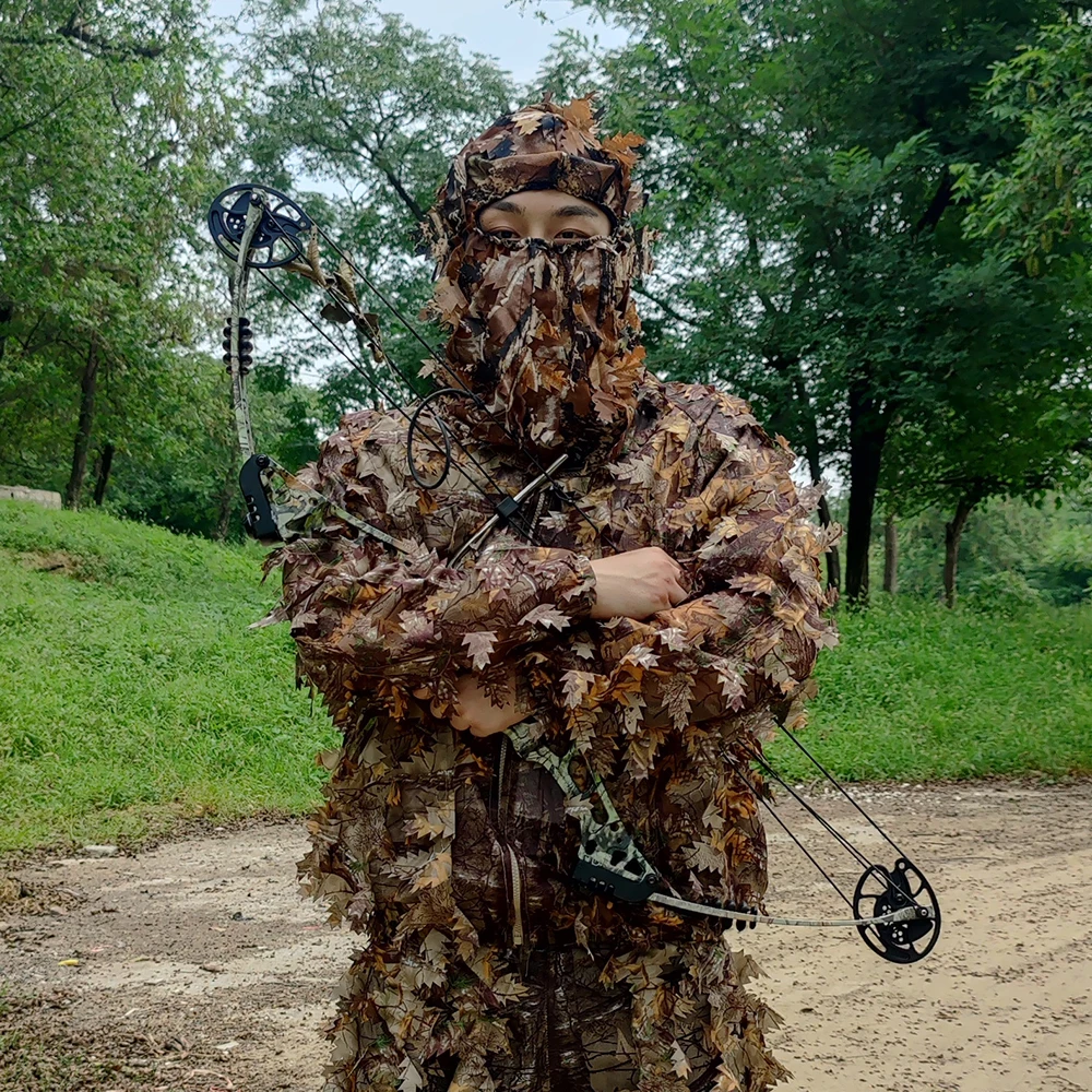 New Mens Lightweight 3D Leaf Hooded Camouflage Ghillie Suit Breathable Hunting Suit for Jungle Hunting Shooting