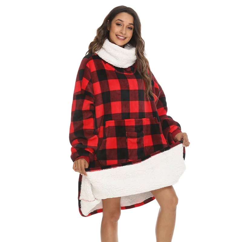 Plaid Red Thick Sherpa Sweatshirt Oversized Wearable Blanket Hoodie With Elastic Sleeves
