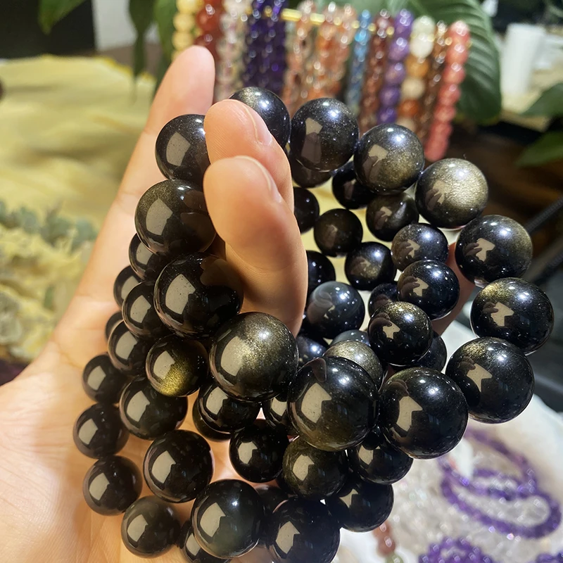 crystal spiritual bracelets crafts healing stone natural round golden sheen obsidian crystal bracelets for Women