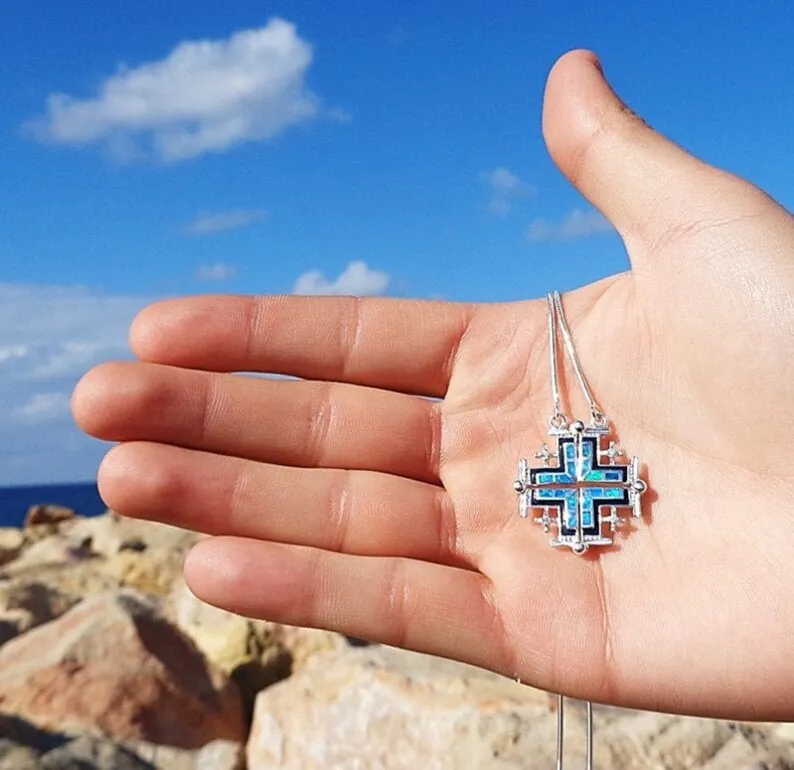 High Quality Gold Plated Men Solid 925 Sterling Silver Holy Orthodox Opal Stone Jerusalem Cross Pendant Chain Necklace