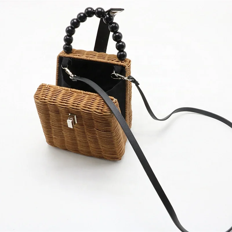 Handmade straw bags summer rattan box clutch beads handle rattan bags bali woven
