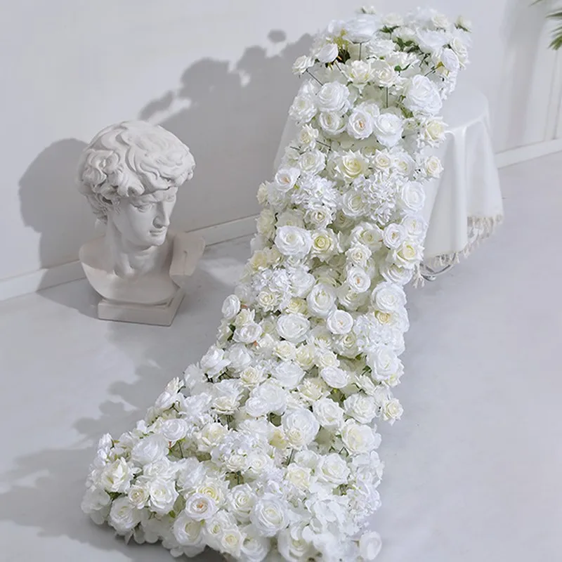 Customized Rose Flower Runner 2 Meter White Flower Row Flower Wall Backdrop Rose For Wedding Decoration