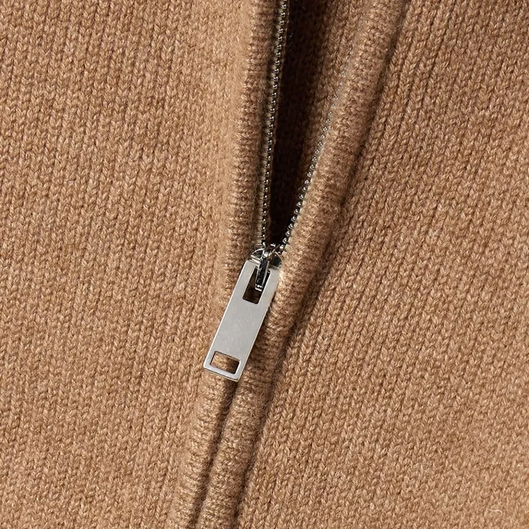 Clothing manufacturer custom autumn winter brown v neck long sleeve zipper women wool cashmere knit sweater