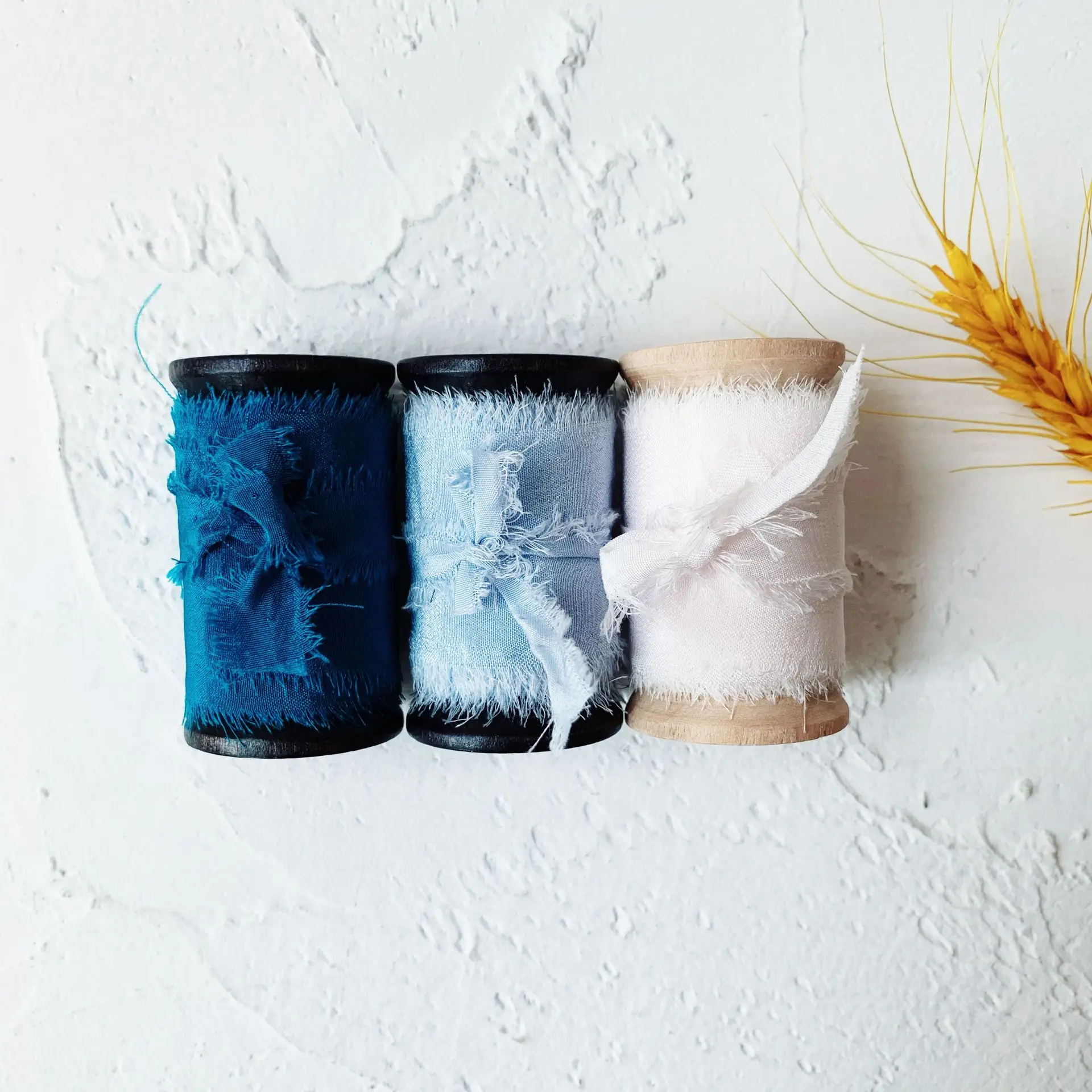 
3Rolls one Set 100% silk frayed edges ribbon ins style wedding silk ribbon woodenspools pure silk satin package ribbon wedding 
