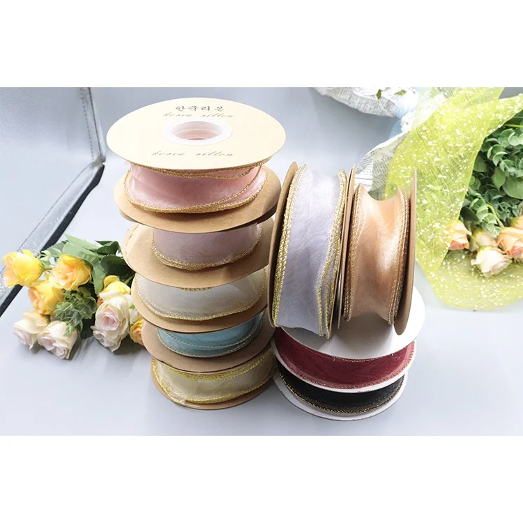 Gold Rim Striped Chiffon Ribbon Glitter Fabric for Crafting Wrap Bouquet Gift Box Dress or Flower Baked Bow Tie