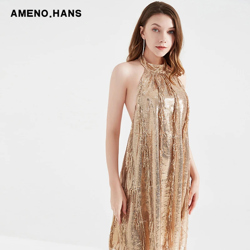 Gold Evening Dresses Prom Gown Glitter Sequin Party Woman Dress