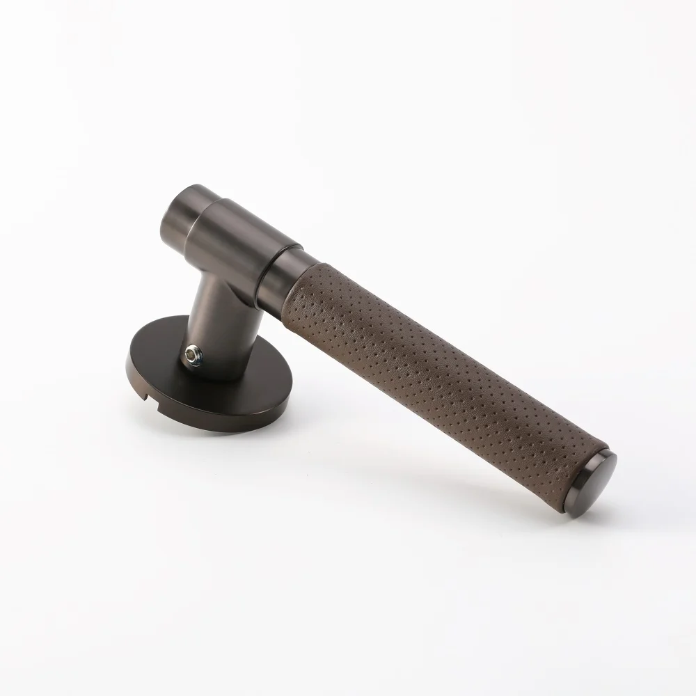 Maxery Coffee Lever Door Handle with Brown Leather Zinc Zamak Leather Door Handle Interior Door Hardware