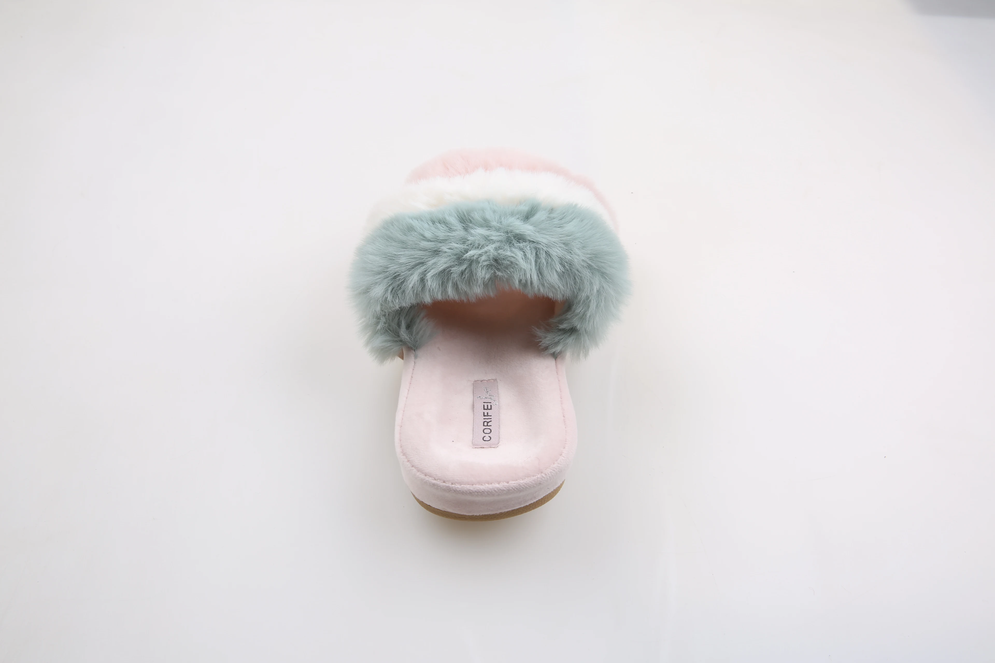 CORIFEI Custom embroidery logo Warm sheep Wool Fluffy Pink Fur Winter Lady slides slipper for woman