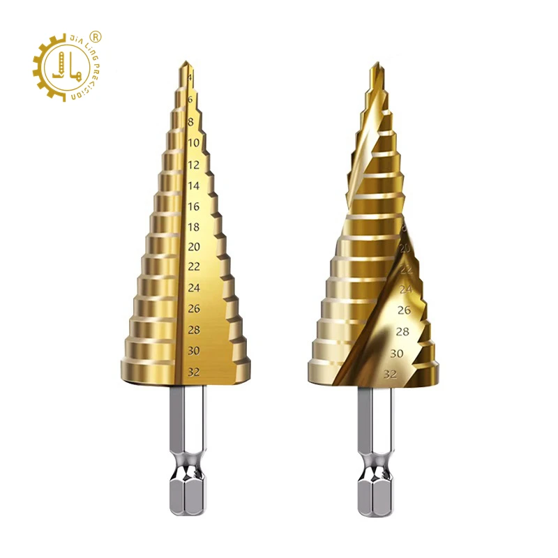 Hex Shank Straight Groove Titanium Plated Step Drill Bit Set High Speed Steel Spiral Flute HSS Step Drill Bit 4-12/4-20/4-32mm