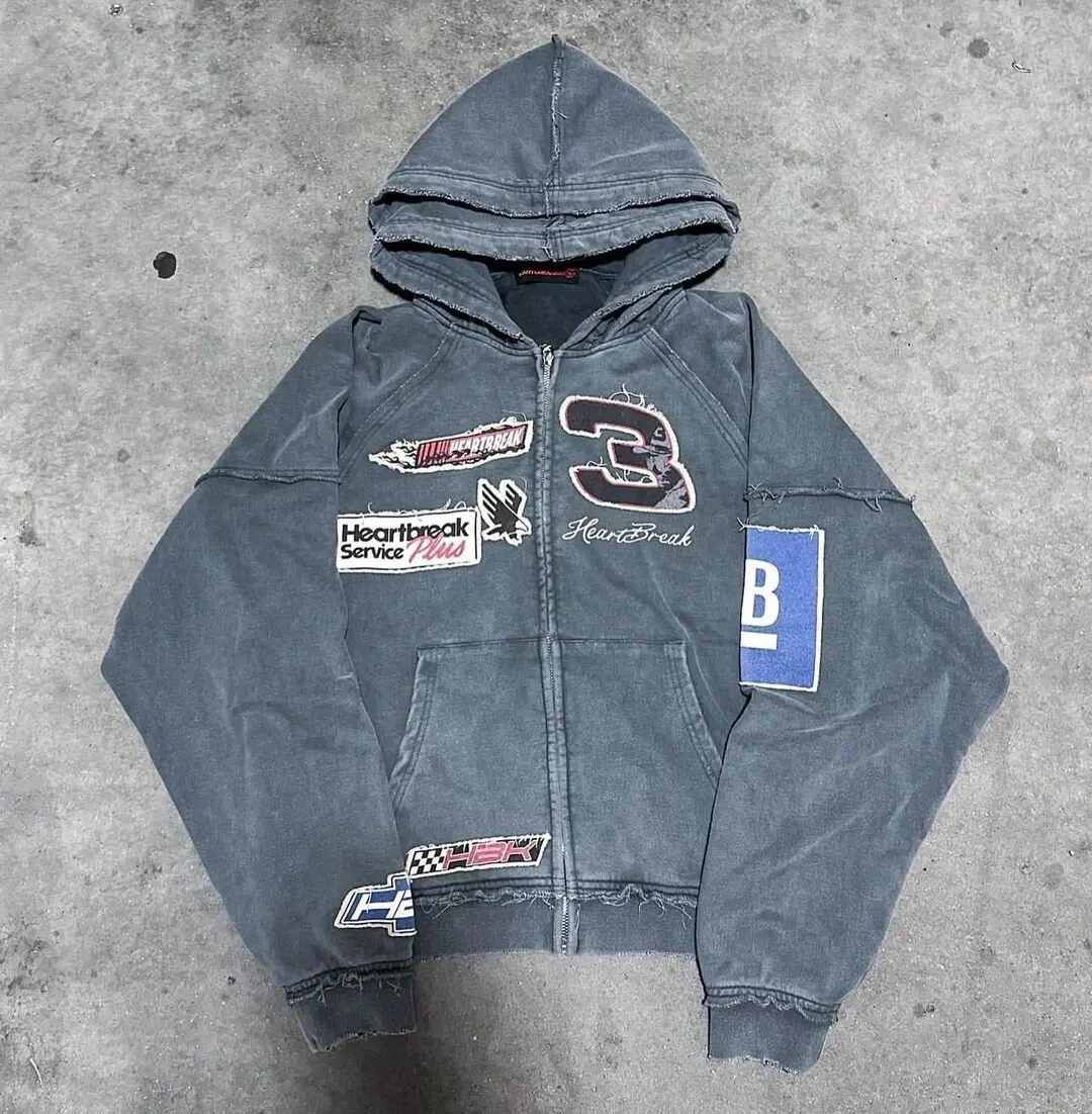 Custom High Quality 500 Gsm Heavyweight Thick Fabric Cut And Sew Zipper Vintage Embroidery Patch Acid Wash Zip Up Hoodie For Men