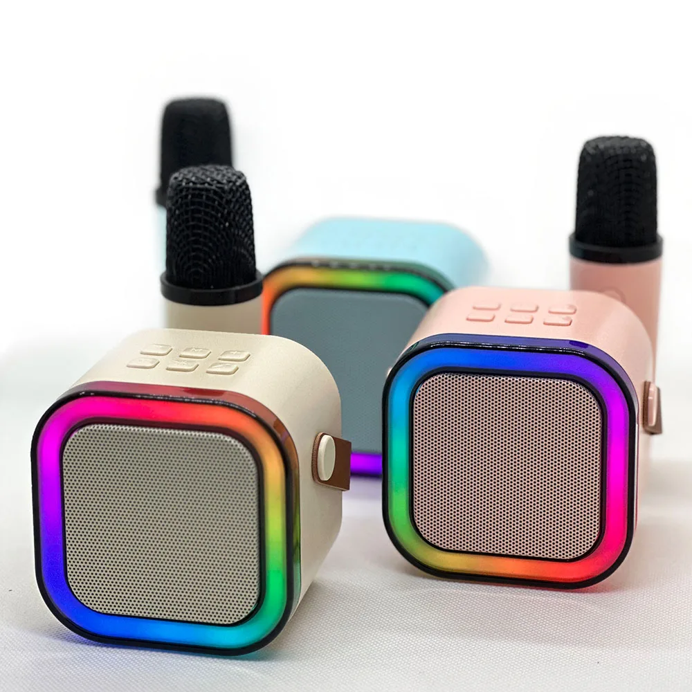 Cute and stylish portable wireless BT karaoke speaker with 1pc wireless microphone and color light speaker