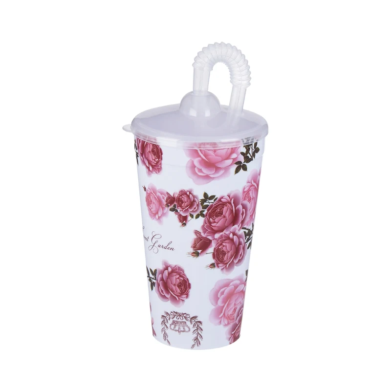 Wholesale Reusable Women Pink Flower Printed Milk Tea Coffee Cup Customizable Travel Water Cup With Straw