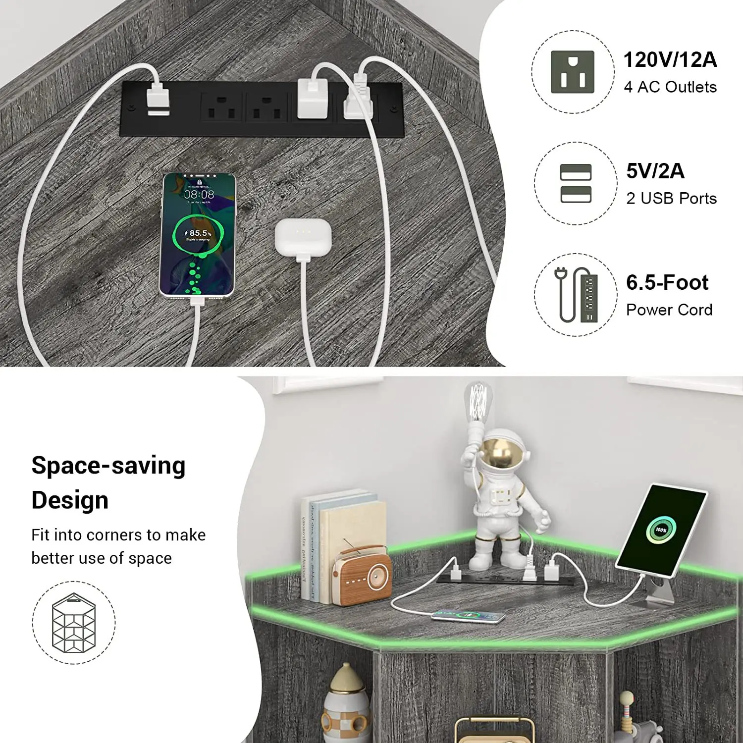 Corner Shelf With USB Row Plug Storage Triangle Cabinet