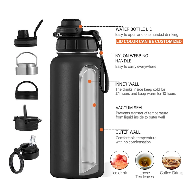 Custom Logo Lock Lid 32oz Double Walled Stainless Steel Vacuum Insulated Sports Water Bottle with Brush