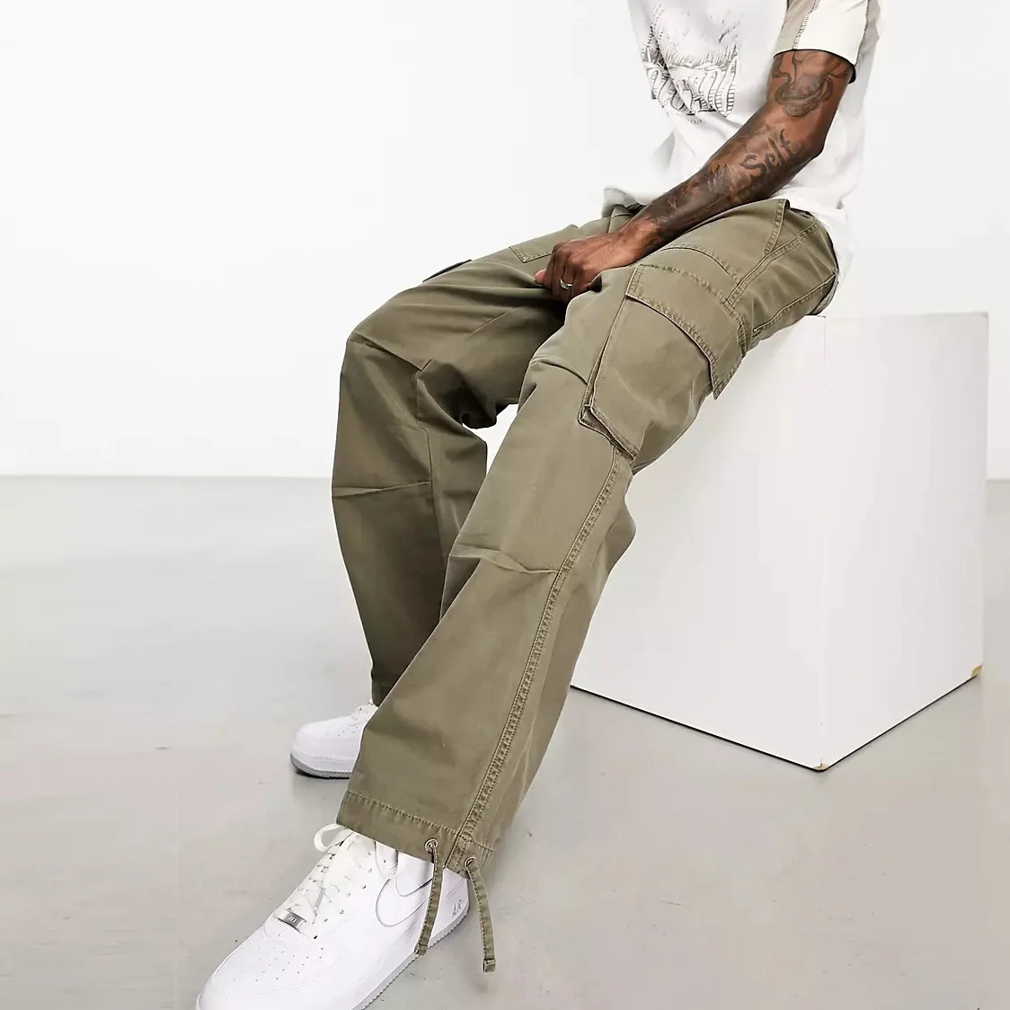 Custom men street wear relaxed drawstring waistband washed khaki straight mens joggers casual pants plain parachute cargo pants