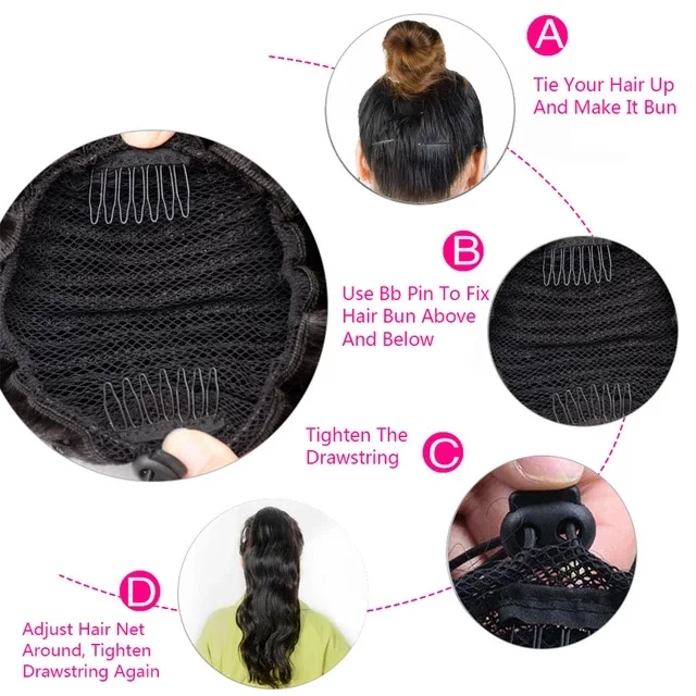100% Human Hair Pony tails Hair Extensions Double Drawn Natural Wrap Around Drawstring Straight Ponytail Hair