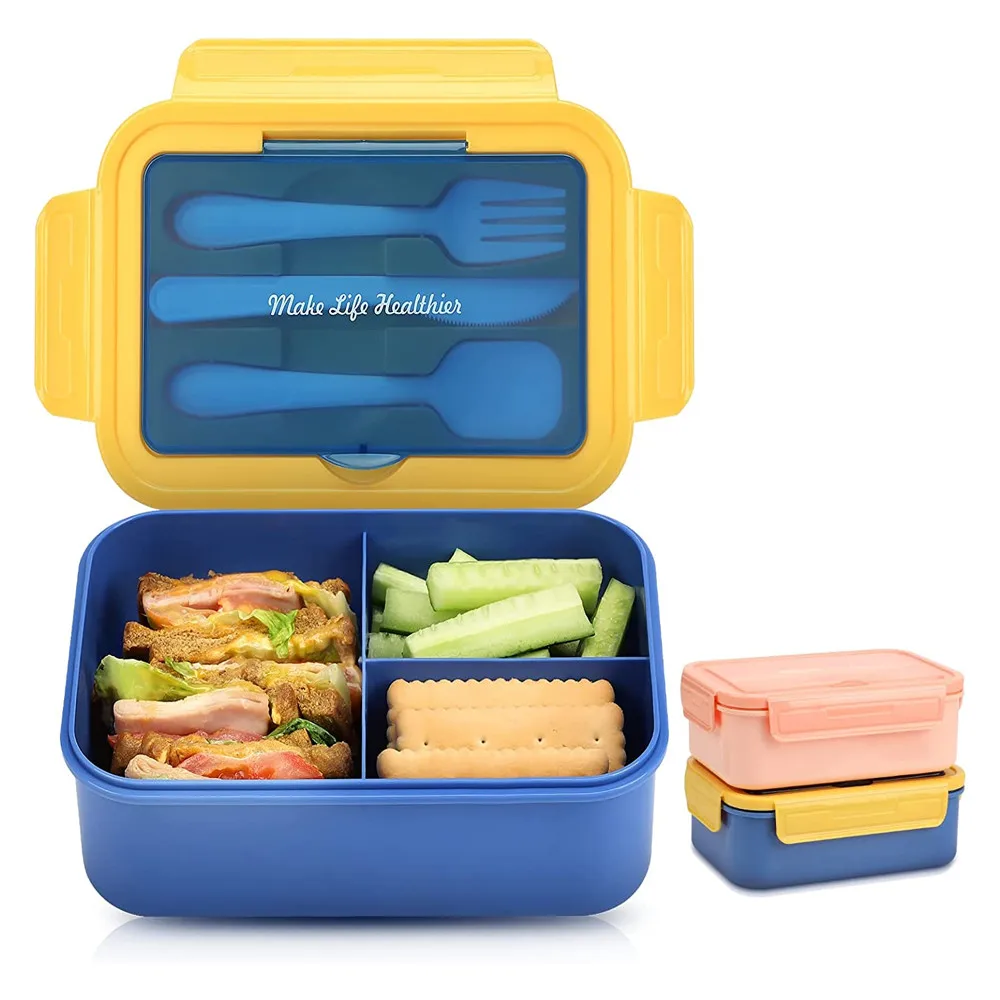 Double Layer Reusable Container 3 Compartments Portable lunch box with Tableware for Kids