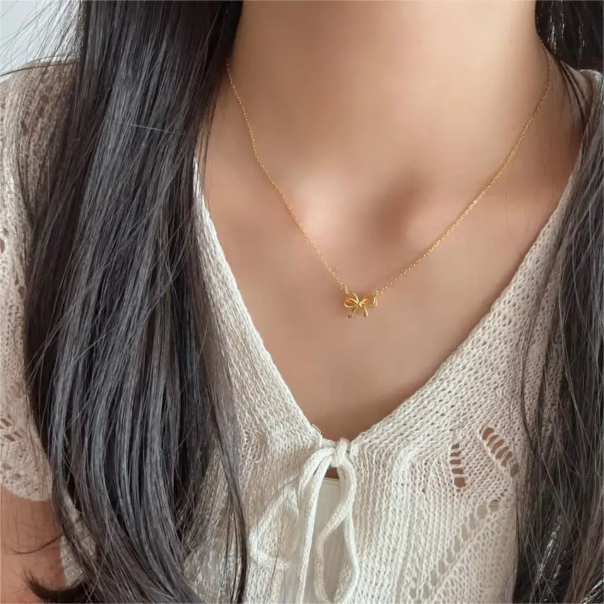 Fine Design Korea Jewelry 18k Gold Plated 925 Sterling Silver Bow Pendant Necklace Women Collarbone Chain Necklaces For Girls