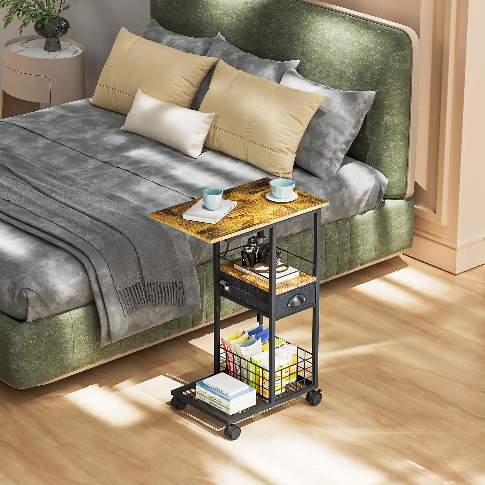 Living Room Luxury Mobile Tables Storage Basket C Shaped Sofa Bed SideTable With Drawer