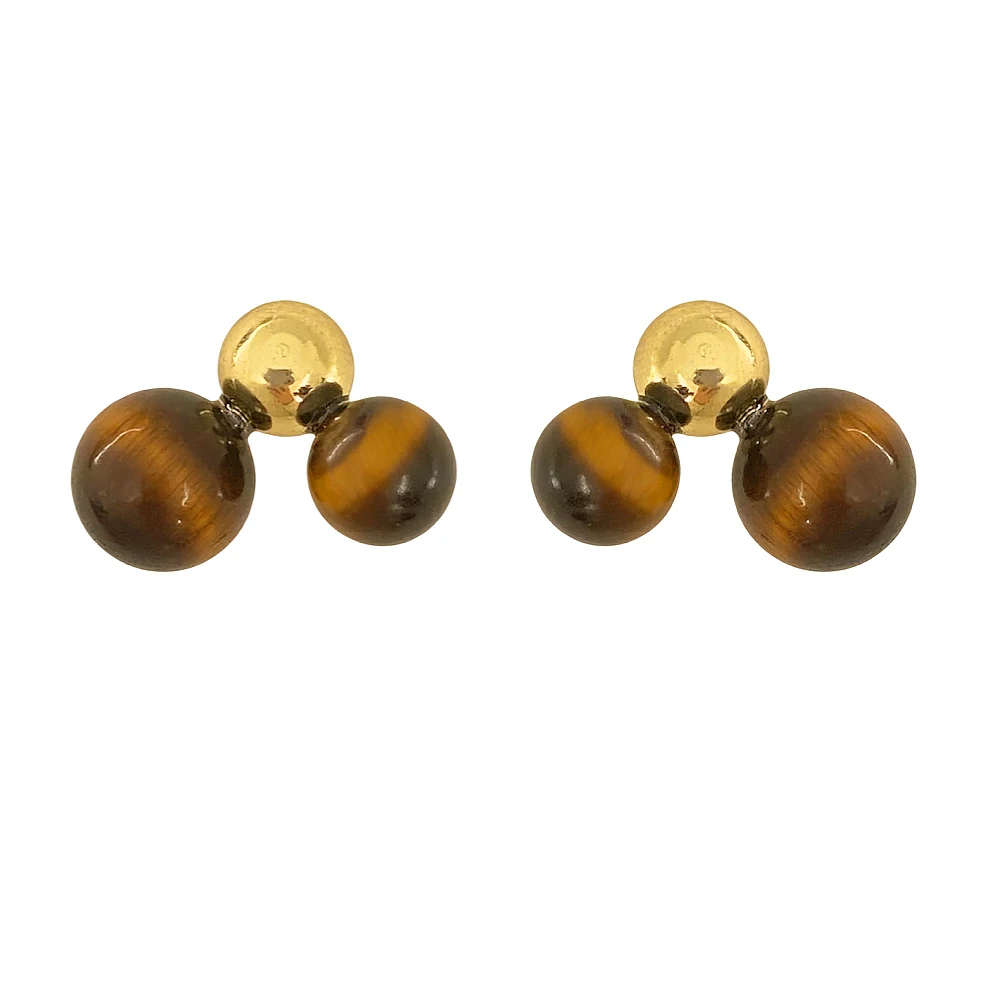Vershal A-46 Natural Stone Tiger Eyes Luxury Jewelry 18K Gold Plated Geometric Sphere Ball Shape Stud Earrings