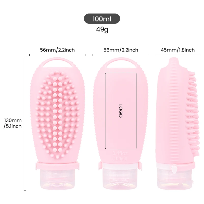 Eco Friendly Outdoor Camping 100ml 3.4Oz Refillable Silicone Squeeze Travel Size Lotion Bottles with Brush for Travel Toiletries