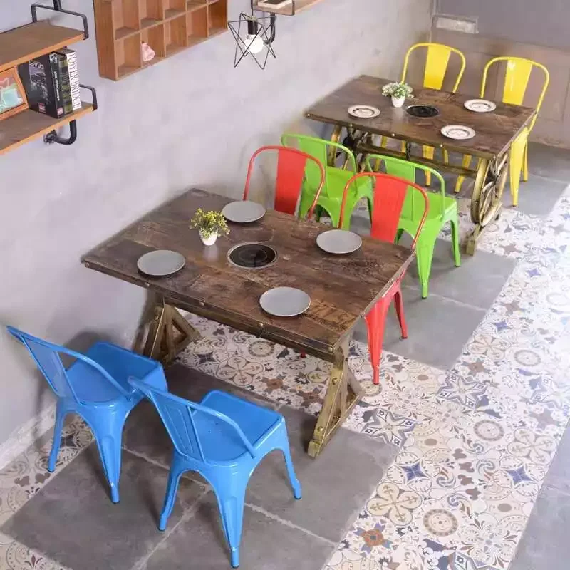 Colorful Restaurant Metal Iron Side Steel Stackable Industrial Tolix Dining Chairs with Seat Board