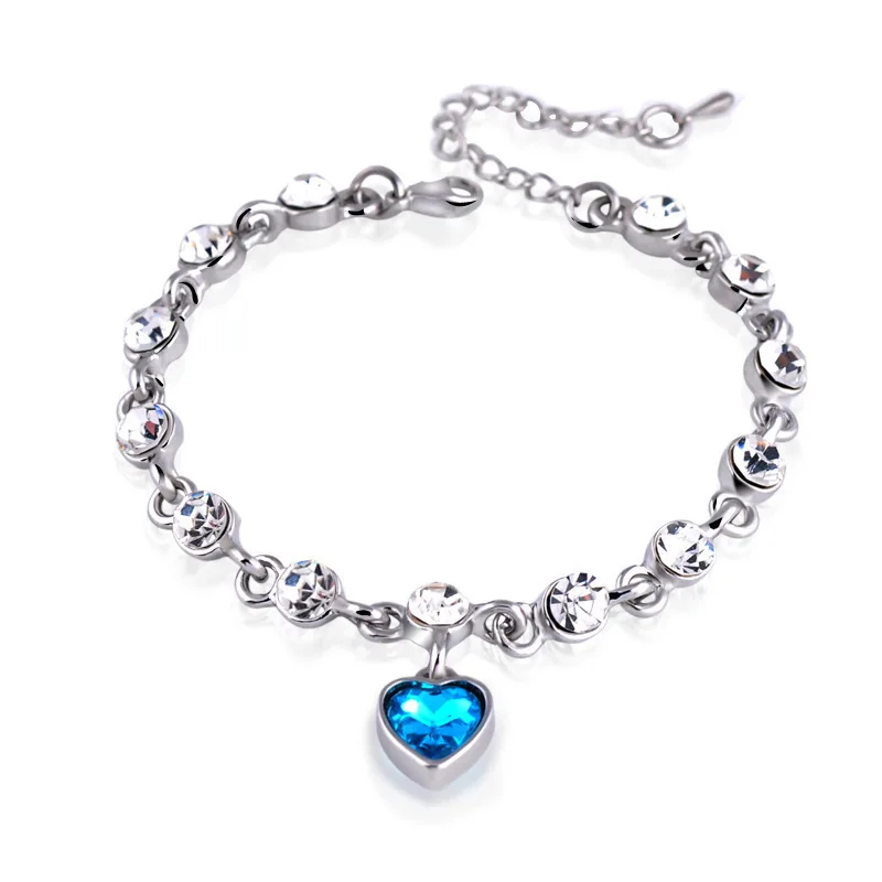 Hot Selling Heart Peach Crystal Bracelet Blue Love Heart Shaped Crystal Charm Link Bangle Bracelets For Women