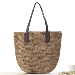 Custom Logo Wholesale Bulk Straw Bag Beach Straw Tote Bag With PU Handle