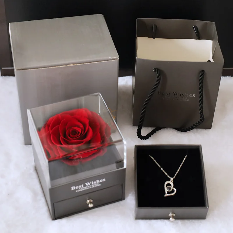 Eternal Red Rose Jewelry Gift Box Preserved Real Rose Flowers With  Acrylic Jewelry Box Rose Box Gift for Valentine Birthday