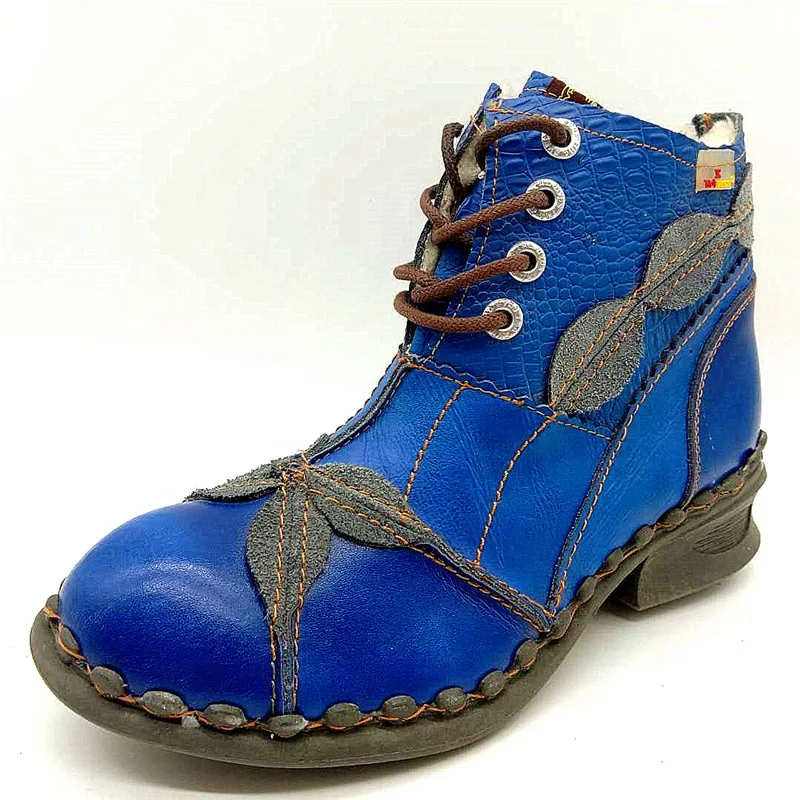 Oem Popular Blue Leather Casual Shoes Large Size Ladies Fur Lining Thick Winter Boots