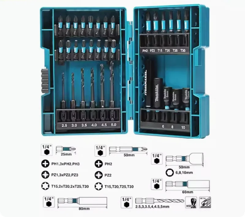43pcs Original Makita accessory set of drills, household electric screwdriver, drill bit driver set, hexagonal screwdriver head