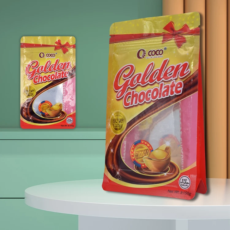 China plastic manufactured eight side-sealed box pouch or flat bottom bag with gusset for chocolate snacks