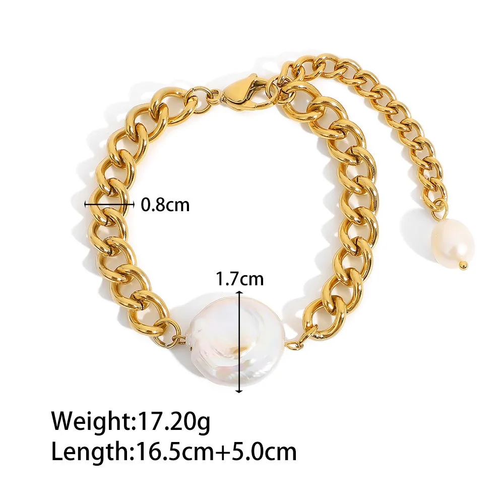 Factory Direct Sale 18K Gold Plated Stainless Steel Miami Cuban Chain Baroque Freshwater Pearl Bracelets