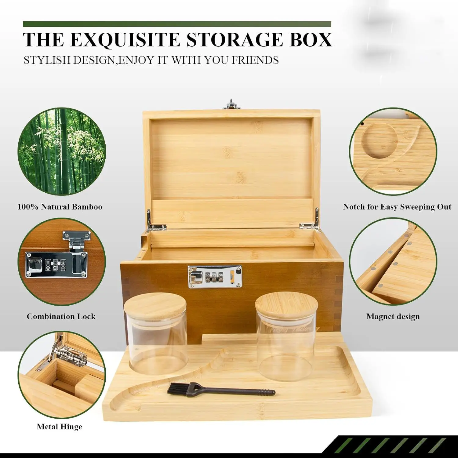 Large Wooden Stash Box with Combination Lock Rooling Tray Wood Stash Storage Box for Gift, Keepsake Decorative boxes