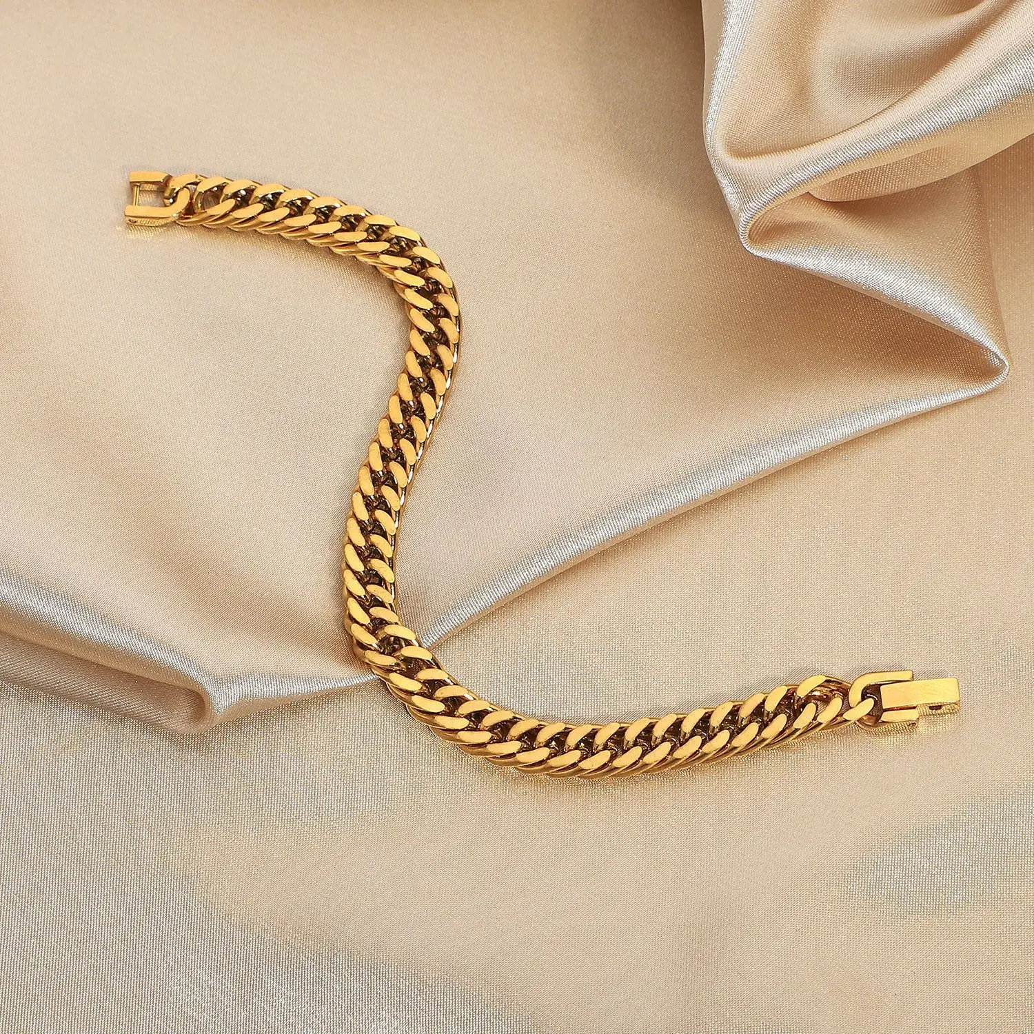 JKC INS Style 7.3mm Thick Cuban Chain Bracelet 18K Gold Plated Stainless Steel Miami Bracelet for Women