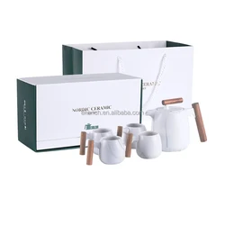 Роскошный скандинавский мраморный чайник с деревянной ручкой, оптовая продажа, чайный набор, керамические чашки с деревянной ручкой, винтажная Подарочная коробка, деревянный чайный набор