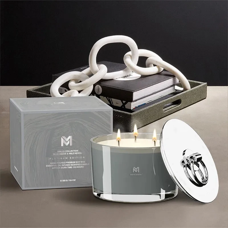 Mescente wholesale custom handmade luxury christmas scented glass candles vessel jar 3 wicks soy wax candles