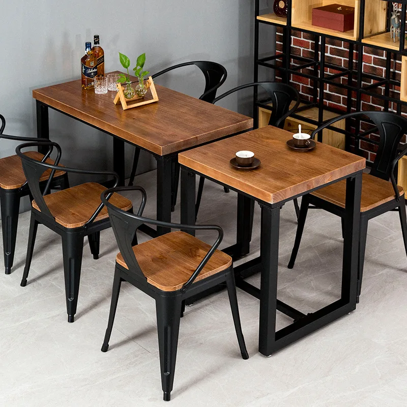 Modern industrial style wooden table top retro bar restaurant metal chairs and dining table