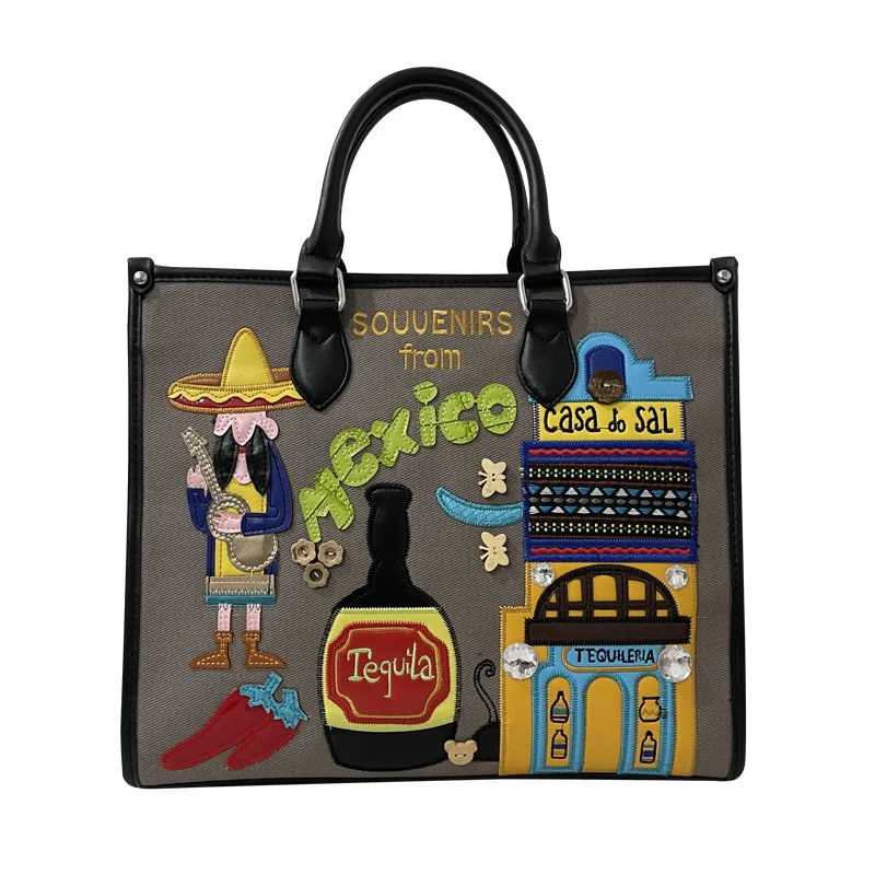 Portable Diagonal Bag Trend Creative Embroidery Large Capacity Hand Bag Mexico Single Unisex GENUINE Leather Wentou WT-VI-23324