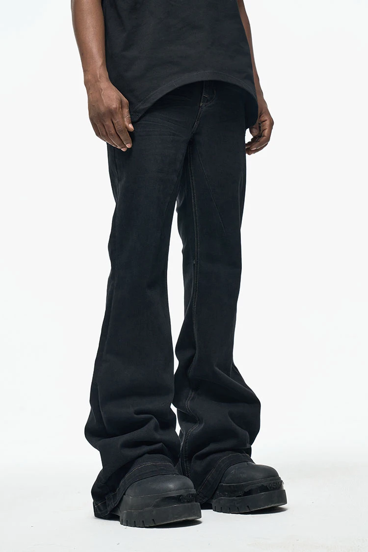 Custom label drop ship stock street wear stock baggy jeans manufacturer men black painted stacked flared  denim jeans