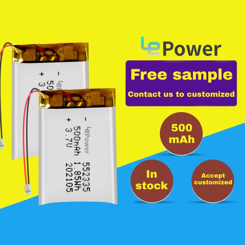 Rechargeable 3.7V 500mAh 552335 Lipo Battery With PCM and Connector Made in China for Cleansing Instrument