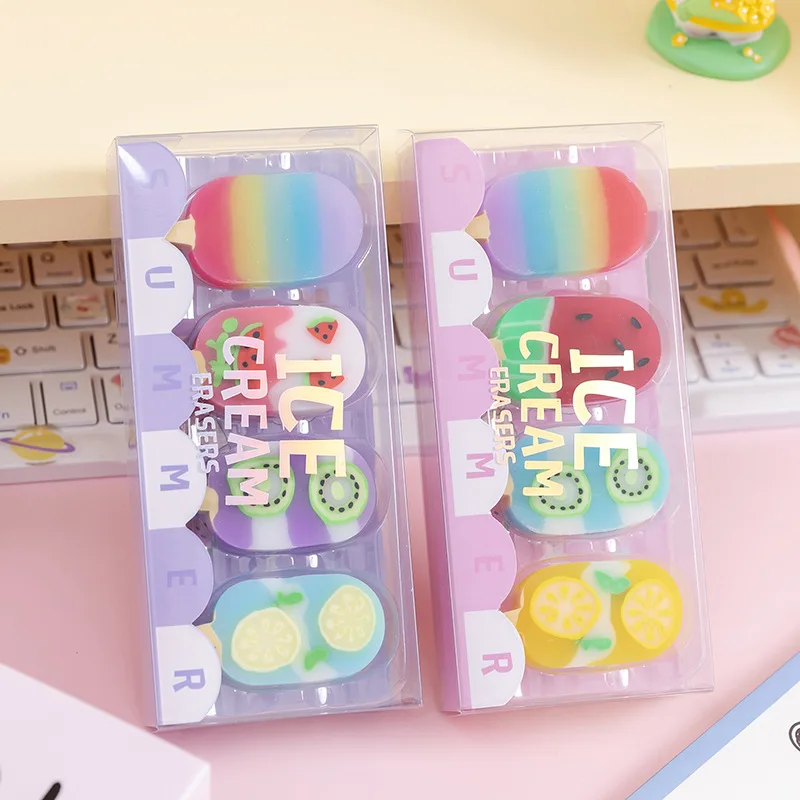 1 set Colorful Summer Ice Cream Fruits Rubber Eraser Kawaii School Erasers set Supplies Stationery For Kids Students Cool Prizes