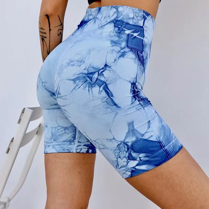 2023 Summer Mixing Color Tie-dye Fitness Shorts High Waist Buttock Lifting Tight Sports Leggings Running Yoga Shorts For Women